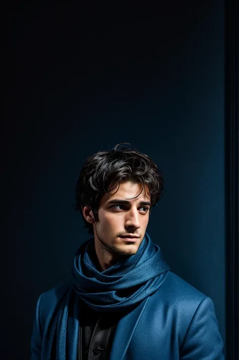 Believe me the image of a young man of 28 years old who is a theater actor who has a blue dress coat and a blue scarf , make it look disheveled, tired and with a somewhat crazy look, that it is realistic and that it is on a black background