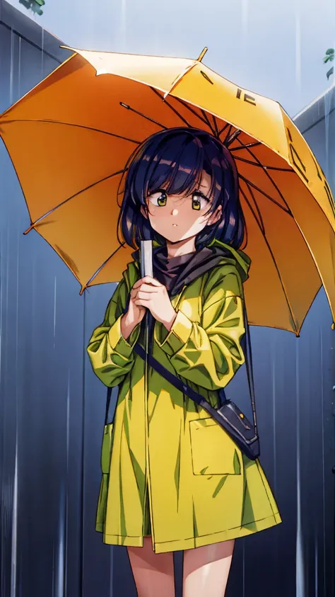 a woman standing in a heavy rainstorm, wearing a bright yellow raincoat. the wind is blowing fiercely, and the raincoat flaps in...