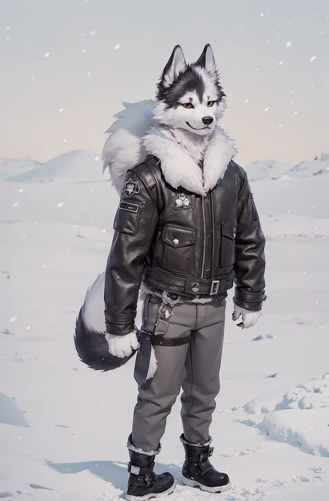 Engrilklenus, husky dog, arctic, strong, muscular, leather jacket, winter pants, snow boots, tail, white paws, black and white fur, star patch