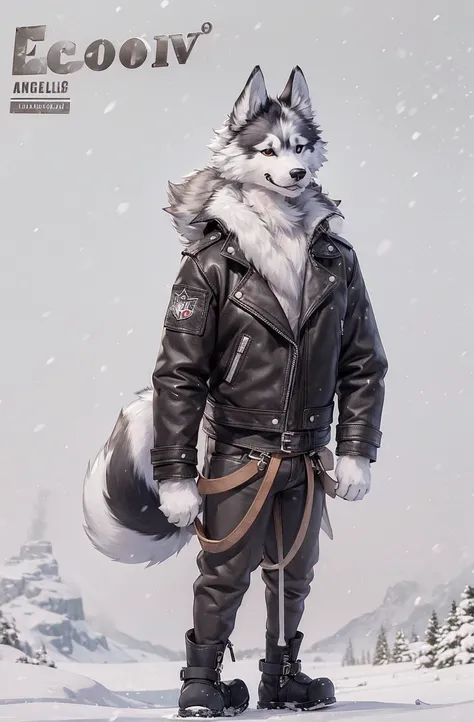 Engrilklenus, husky dog, arctic, strong, muscular, leather jacket, winter pants, snow boots, tail, white paws, black and white fur, star patch