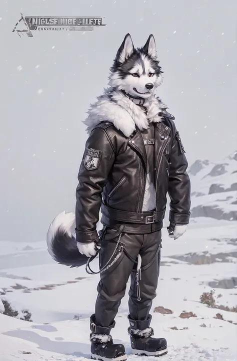 Engrilklenus, husky dog, arctic, strong, muscular, leather jacket, winter pants, snow boots, tail, white paws, black and white fur, star patch