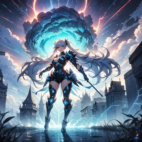 ((full body shot)) of a girl in electrifying, futuristic armor with sleek silver and blue accents, standing in a stormy, electrified sky. She has short, spiky platinum blonde hair and piercing, electric blue eyes. Her skin has a faint, radiant glow, and sh...