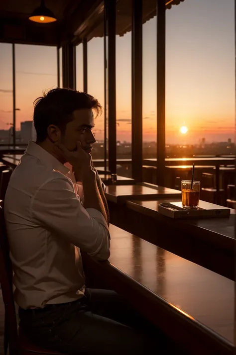 Man sitting alone in a bar at sunset