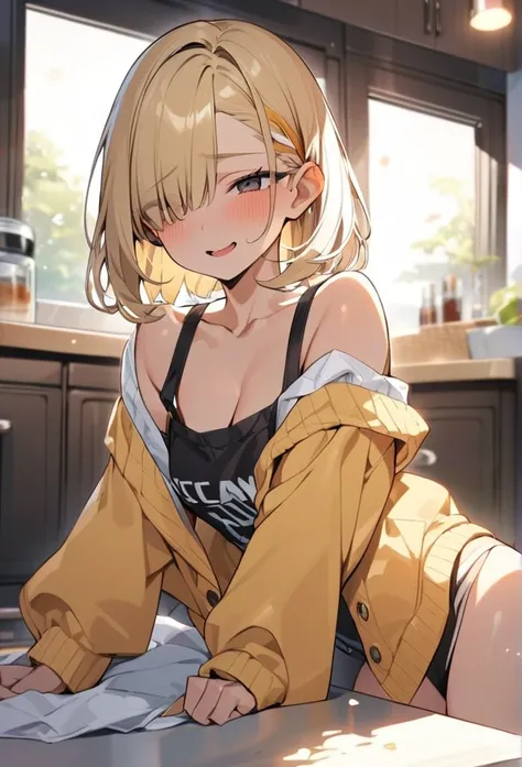 (anime style),masterpiece, best quality, extremely detailed,16Year old,tanned skin,dark skin, Beautiful body,glamour breasts,BREAK,multicolored colorful blonde hair,short hair,hair slicked back,BREAK,black eyes,wedding ring,shy smile,open mouth,half closed...