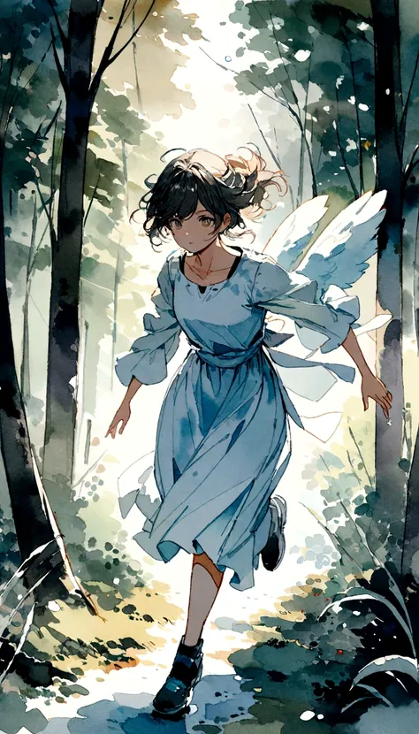 A paiting of a angel with white clothes running through the forest, watercolor painting, high-detail