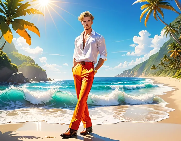 1 Male, Summer, Boots, long pants, beach background, bright sunlight, ocean waves, tropical setting, consistent fashion, aristocratic presence, stylish pose, full-body shot, emphasizing long pants, 