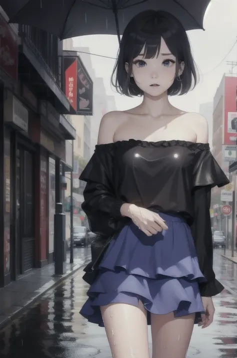 ((Highest quality, 8K, masterpiece:1.3)), concentrated:1.2, Perfect Body Beauty:1.4, Hips:1.2, ((Layered Haircut, chest:1.2)), (Wet clothes:1.1) , (rain, street:1.3), Bandeau dress: 1.1, Highly detailed face and skin texture, Beautiful Eyes, double eyelid,...