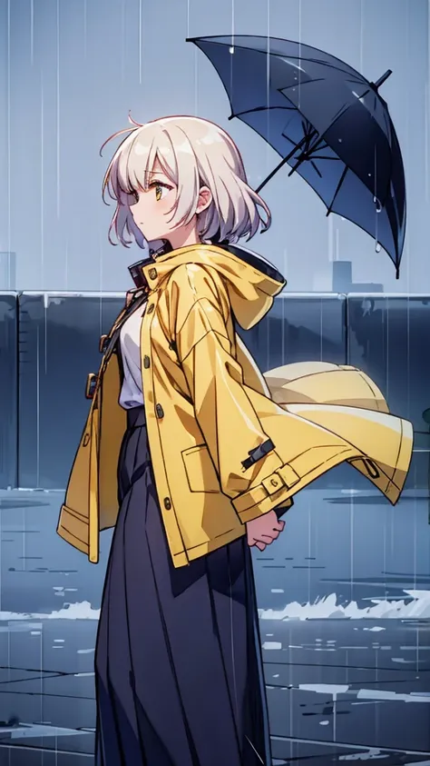 A woman standing in a heavy rainstorm, wearing a bright yellow raincoat. The wind is blowing fiercely, and the raincoat flaps in the wind. The background is dark and stormy with heavy rain pouring down, and the woman is slightly hunched, bracing against th...