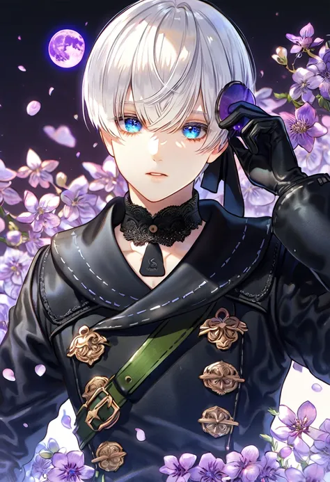 absurdres, highres, ultra detailed, HDR, master piece, best quality, 9S, white hair, with bangs, expressive blue eyes, Nier Automata, solo, sexy man, handsome, black clothes, black gloves, fantasy, purple moon, purple flowers, purple blossoms, purple petal...