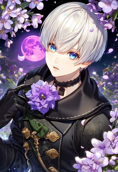 absurdres, highres, ultra detailed, HDR, master piece, best quality, 9S, white hair, with bangs, expressive blue eyes, Nier Automata, solo, sexy man, handsome, black clothes, black gloves, fantasy, purple moon, purple flowers, purple blossoms, purple petal...