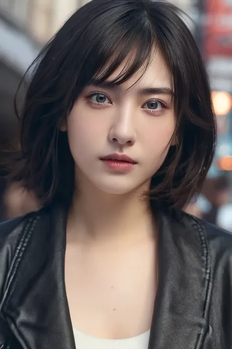 (award winning, 8k, super detailed, high resolution, best quality, photography, portrait), 1girl, solo, beautiful girl, beautiful eyes, detailed eyes, (black eye), jacket, short hair, black hair, street background, POV, ((upper body))