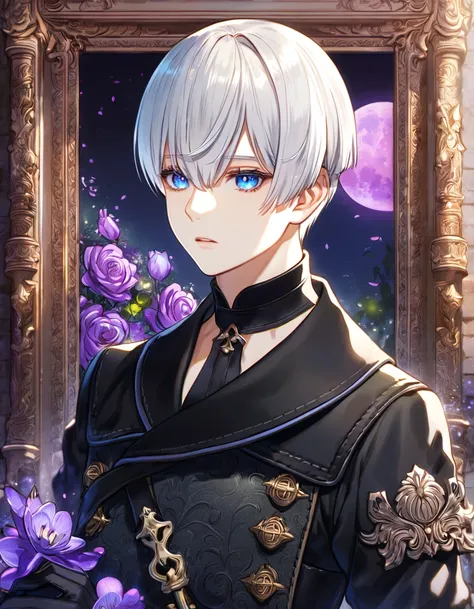 absurdres, highres, ultra detailed, HDR, master piece, best quality, 9S, white hair, with bangs, expressive blue eyes, Nier Automata, solo, sexy man, handsome, black clothes, black gloves, fantasy, purple moon, purple flowers, purple blossoms, purple petal...