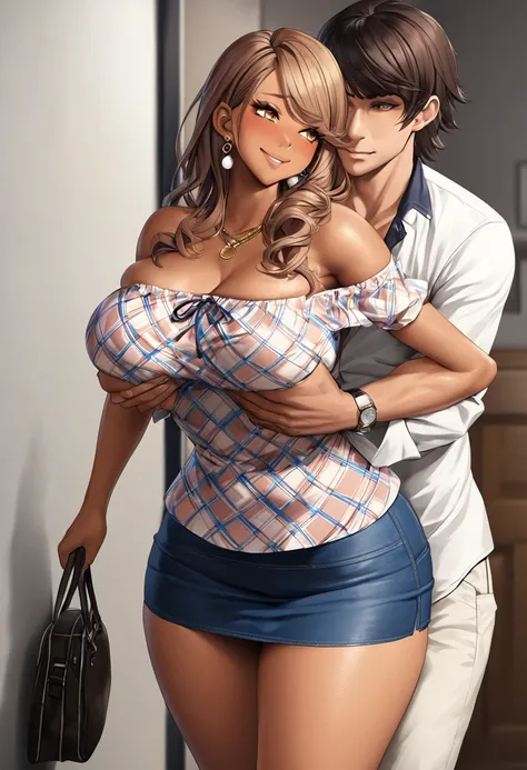 nsfw,hyperrealistic smooth anime,adult curvy gyaru,tanned gyaru,young casual boy holding woman in arms from behind,standing,boy grabbing her breasts,dark brown hair,earring,off-the -shoulder plain blouse,patterned short skirt,man groping woman,aroused smil...