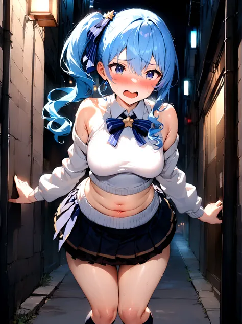 NSFW,masterpiece,Highest quality,High resolution,Super detailed,Star Town Suisei (Hololive),Blue Hair,Long Hair,One Side Ponytail,White sweater,Off the shoulder,cropped,belly button,Micro Mini Skirt,Knee-high socks,boots,Embarrassed,blush,Estrus,excited,(m...