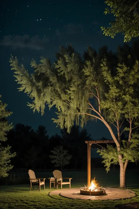 sitting on porch .Willow tree swaying in the rain with charcoal stove,dark green night sky