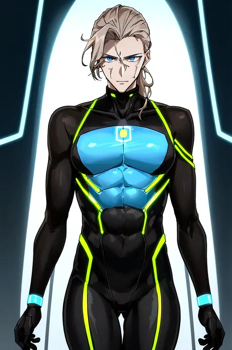 (masculine) (23 years) (a tall, slender young man with a muscular and toned body, His hair is light brown and is messy, covering his forehead., His eyes are blue and his skin is light-skinned..) (robotic body, tight white bodysuit with neon light blue deta...