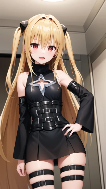 masterpiece, best quality, highres, aayami, very long hair, two side up, hair ornament, bare shoulders, black dress, clothing cutout, detached sleeves, belt, thigh strap, smile, hand on hip, open mouth, indoors