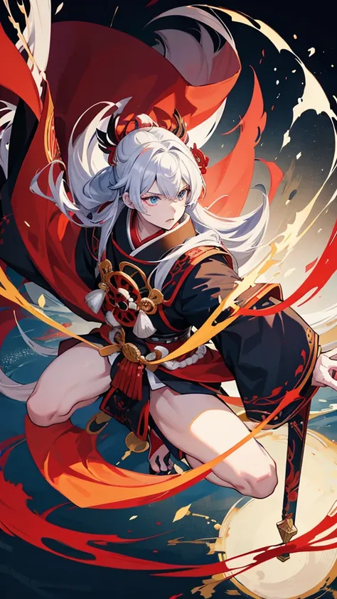 Anime boy with long hair and blue eyes wearing red and black clothes, From the Sengoku period, onmyoji portrait, by Shimo, female Anime characters, By Ren, Anime characters, Wearing old samurai clothes, detailed Anime characters art, by Li Zai, Kantai Coll...