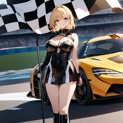 A woman wearing a race queen costume, leather boots, big breasts, smiling, holding a bar with a flag, standing on a race track, with a wide view of the lawn, blonde hair,short hair, hair with red bangs, multicolored hair, smiling, brown eyes, black racing ...