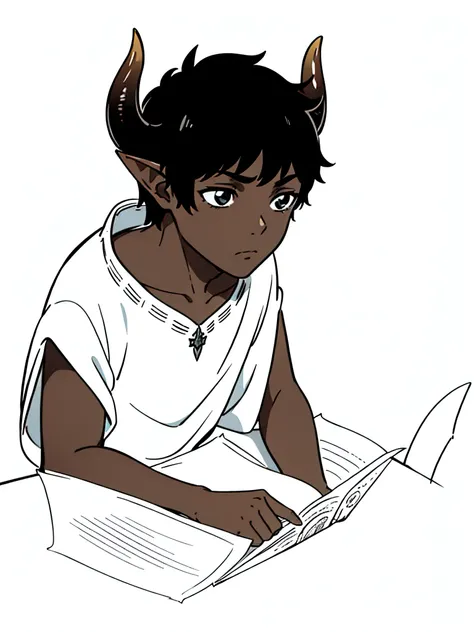 (1boy,8 years old,solo,kid),((dark skin)),short hair,black hair,elf ears,,portrait,from side,sad,(horns),(white background,line drawing)