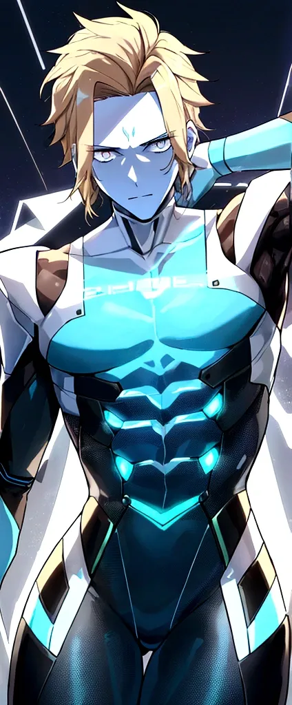 (masculine) (23 years) (a tall, slender young man with a muscular and toned body, His hair is light brown and is messy, covering his forehead., His eyes are blue and his skin is light-skinned..) (robotic body, tight white bodysuit with neon light blue deta...