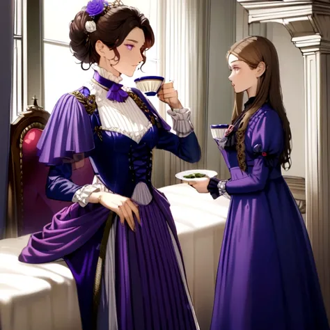 Woman with brown hair, violet eyes, violet dress, victorian dress, Royals, Nobility, drinking tea with women