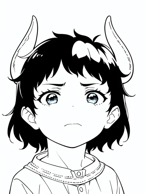 ((1boy,8 years old,solo,kid)),((dark skin)),short hair,black hair,elf ears,,portrait,from side,sad,(horns),(white background,line drawing)