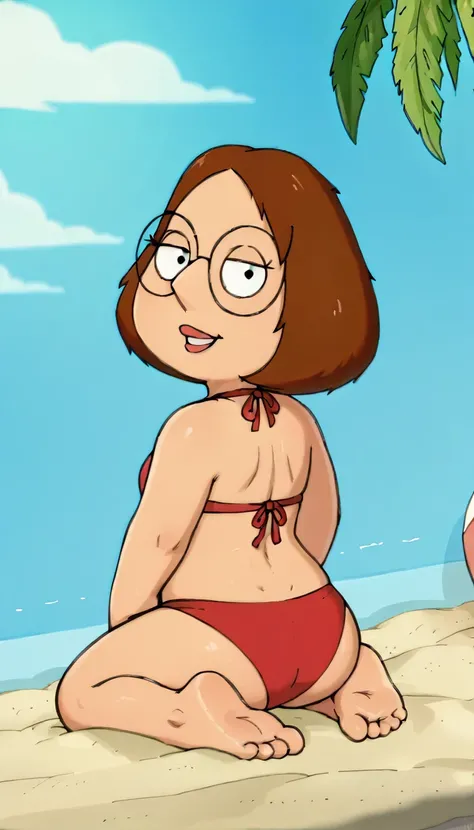  meg, (((1girl, solo, alone, short brown hair, glasses))), shortstack, flat color, looking at viewer, smile, parted lips,

(((   red bikini    ,kneeling, from back, from behind   ))),

sexy pose, dynamic pose, dynamic angle, cowboy shot,

outdoor, beach, d...