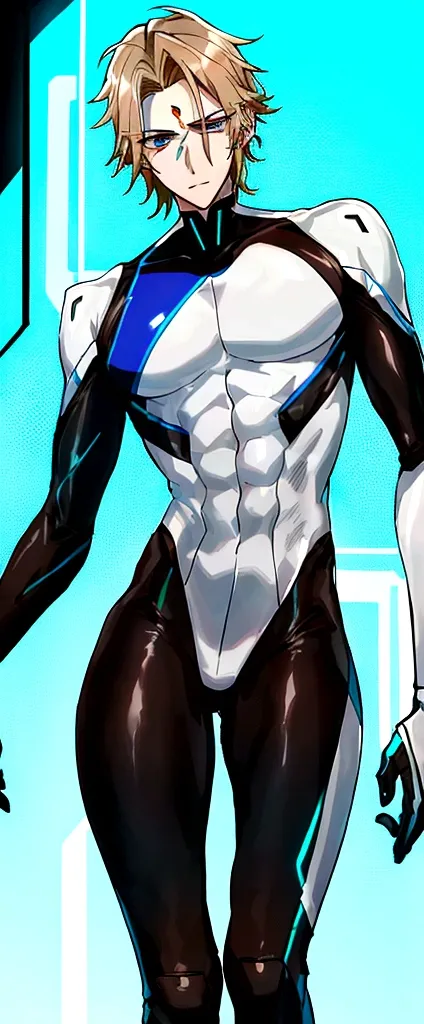 (masculine) (23 years) (a tall, slender young man with a muscular and toned body, His hair is light brown and is messy, covering his forehead., His eyes are blue and his skin is light-skinned..) (robotic body, tight white bodysuit with neon light blue deta...