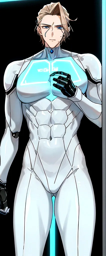 (masculine) (23 years) (a tall, slender young man with a muscular and toned body, His hair is light brown and is messy, covering his forehead., His eyes are blue and his skin is light-skinned..) (robotic body, tight white bodysuit with neon light blue deta...