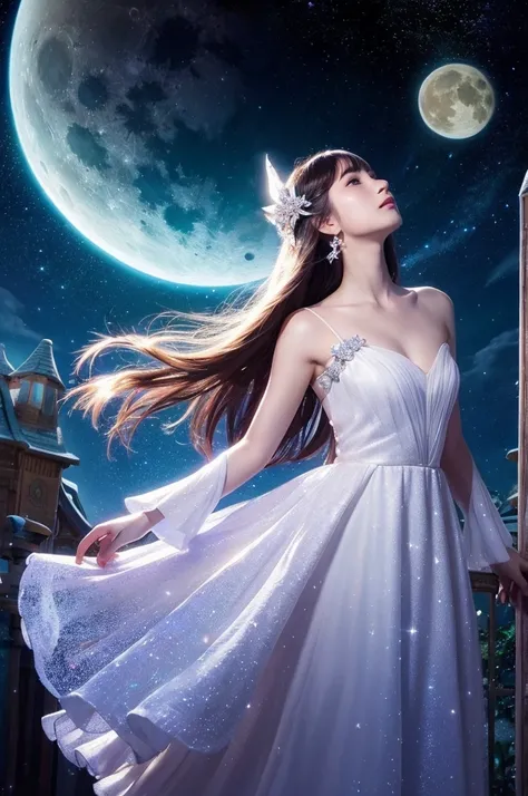 Fantasy、universe space、Beauty、White Dresany Stars、Beautiful Moon