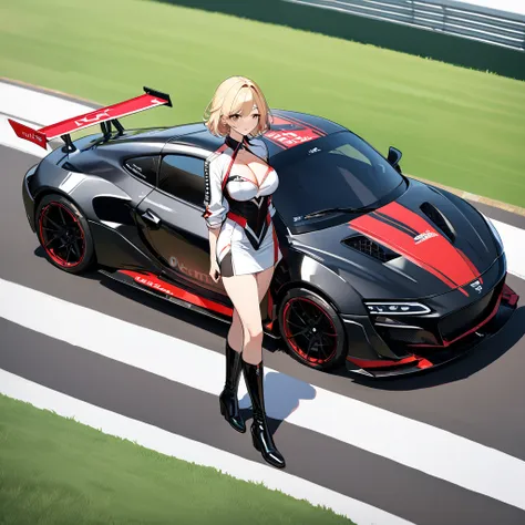 A woman wearing a race queen costume, leather boots, big breasts, smiling, holding a bar with a flag, standing on a race track, with a wide view of the lawn, blonde hair,short hair, hair with red bangs, multicolored hair, smiling, brown eyes, black racing ...