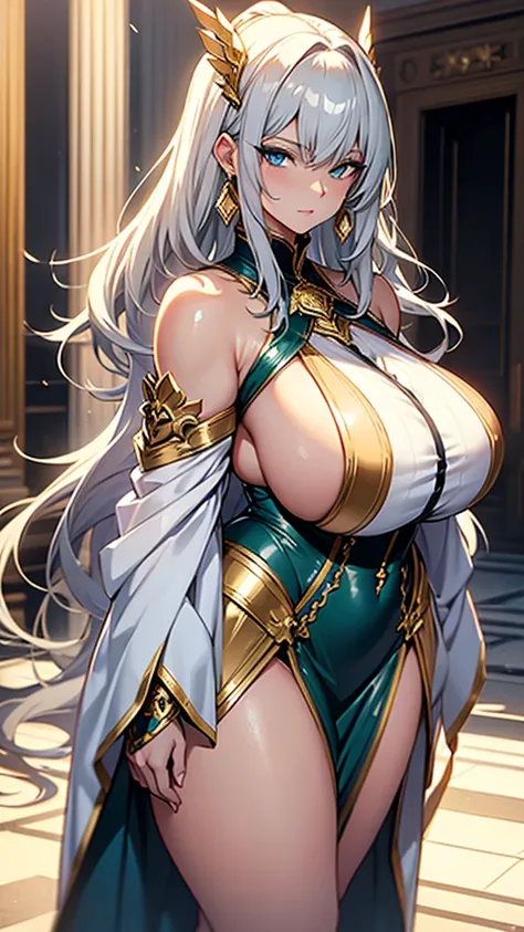 one old lady, milf woman, Gold earings, blue Sharp eyes, white hair, extremely large hairstyle, strong, firm body, thick thighs, big breasts, muscular arms, green traditional dress, sfw, sexy, full body, masterpiece, highly detailed, shiny dress, latex, ta...