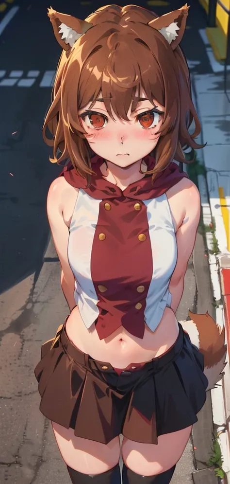 anime coloring,anime screencap,
1girl, solo, thighhighs, tail, animal ears, healthy skin, navel, brown hair, black thighhighs, blush, sleeveless, dog ears, short hair, standing straight, (((ultra-detailed eyes, 20 years old, street, brown eyes, submissive ...