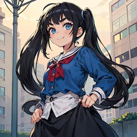 Young girl with black hair, long twintail,  twintail hairstyle, (blue eyes),, ((small bushy eyebrows)), wearing gothic lolita clothing, lolicon , walking to school, flirty smile, , lifting her skirt to show her vagina wet with semen