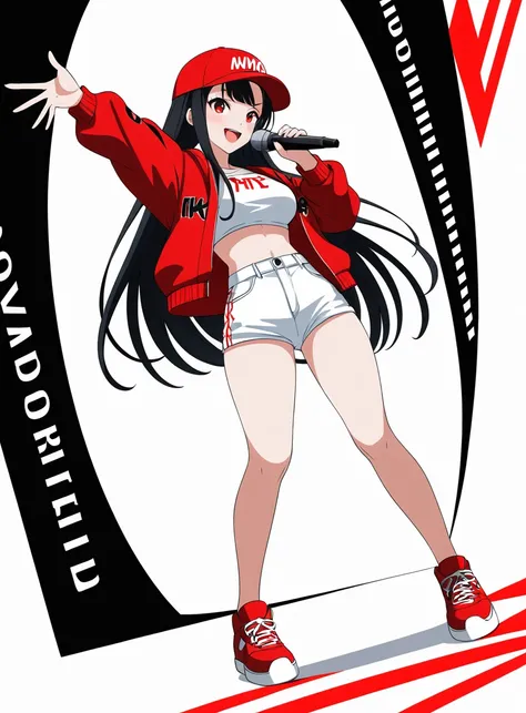 Background white, White background, ((((White background)))), ((((Full body)))), Black Hair, Long Hair, Baseball Cap, Anime Style, beautiful girl, Red eyes, Hip Hop Clothes, Red clothes, Hold the microphone, Dynamic Angle, 4K, 8K, smile, Open your mouth, s...