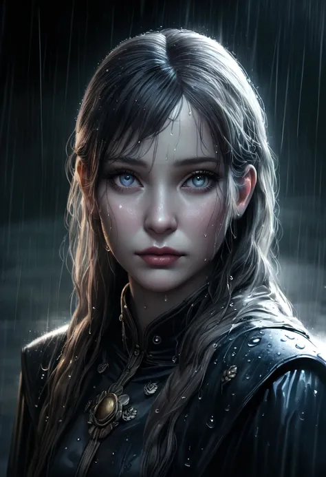 a slim white woman in the rain, detailed female portrait, realistic, photorealistic, 8k, highly detailed face, beautiful detailed eyes, beautiful detailed lips, extremely detailed skin, long eyelashes, detailed clothing, wet hair, water droplets, rain, moo...