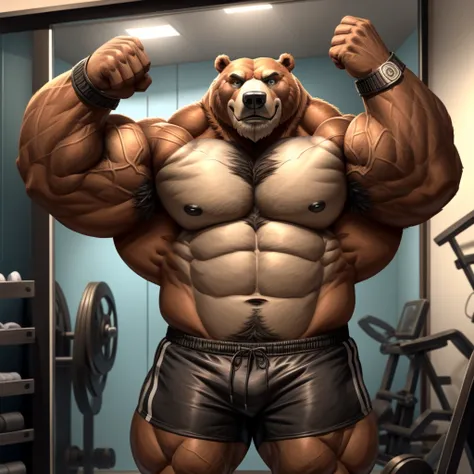 Huge muscular thick Bear bodybuilder shirtless in black gym shorts and wristbands flexing and posing at the mirror looking at his muscles pumped.
