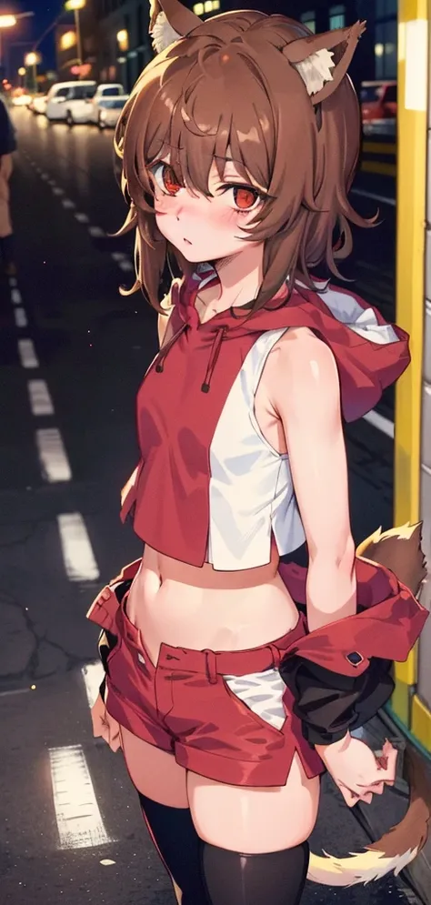 anime coloring,anime screencap,
1girl, solo, thighhighs, tail, animal ears, healthy skin, navel, brown hair, black thighhighs, blush, sleeveless, dog ears, short hair, standing straight, (((ultra-detailed eyes, 20 years old, street, brown_eyes))).( Cowboy_...