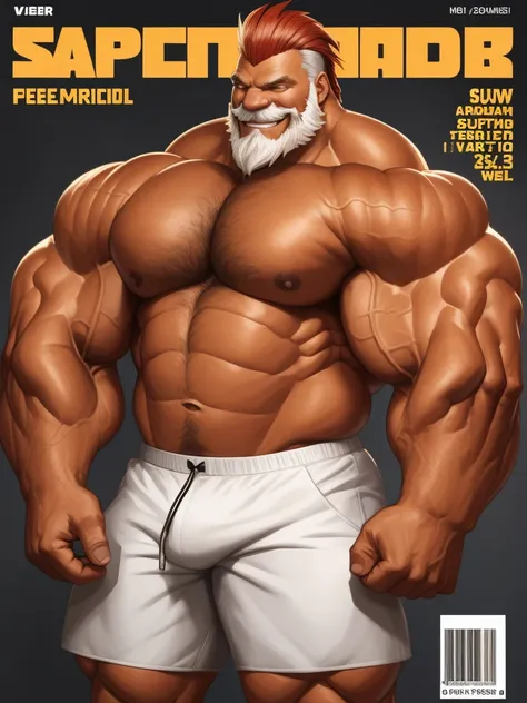 magazine cover. solo, 1boy, perfect anatomy, perfect proportion, smile, grinning, happy. Huge Muscular Old man with mohawk hair ,(white shorts), view from side, pectoral, thick arms, huge pectoral, wide pectoral, gold teeth, red mohawk hair, white beards, ...