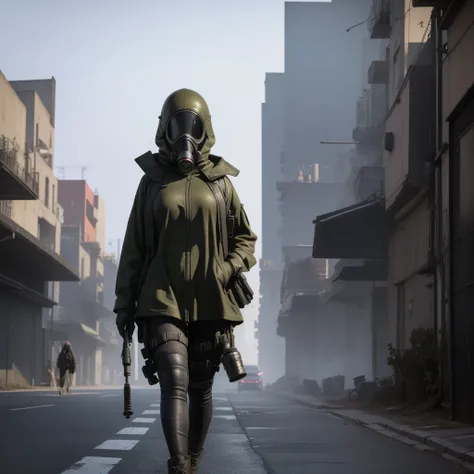 she is walking in middle of a street wearing a gas mask, abandon city with only one power nuclear plant in the distance but ther...