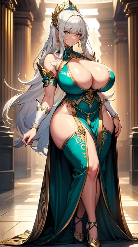 one old lady, milf woman, Gold earings, blue Sharp eyes, white hair, extremely large hairstyle, strong, firm body, thick thighs, big breasts, muscular arms, green traditional dress, sfw, sexy, full body, masterpiece, highly detailed, shiny dress, latex, ta...