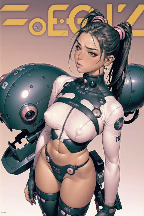 ((best qualityer)), ((Perfect masterpiece)), (detailded: 1.4), (absurdrez), (((whole body, corpo fitness, neckline showing part of the breasts)), (((Woman with black hair, blushful, pink lips pouting))), 21 year old woman, beautiful sexy woman, giant robot...