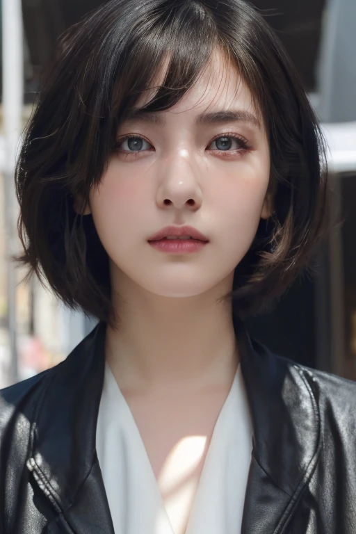 (award winning, 8k, super detailed, high resolution, best quality, photography, portrait), 1girl, solo, beautiful girl, beautiful eyes, detailed eyes, (black eye), jacket, short hair, black hair, street background, POV, ((upper body))