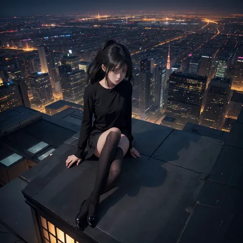 a girl wearing black top sitting on a skyscraper edge, by studio ghibli, city scenery, detailed illustration, official art, in the style of kawacy, graceful movement, nocturne, composed, hd wallpapers