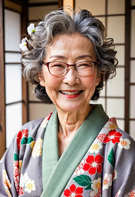 old woman,Japanese,Wrinkle,smile,Plain Kimono,Gray Hair,Perm,Light makeup,Break,Glasses