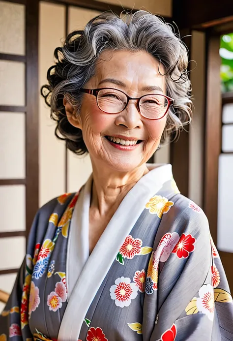 old woman,Japanese,Wrinkle,smile,Plain Kimono,Gray Hair,Perm,Light makeup,Break,Glasses