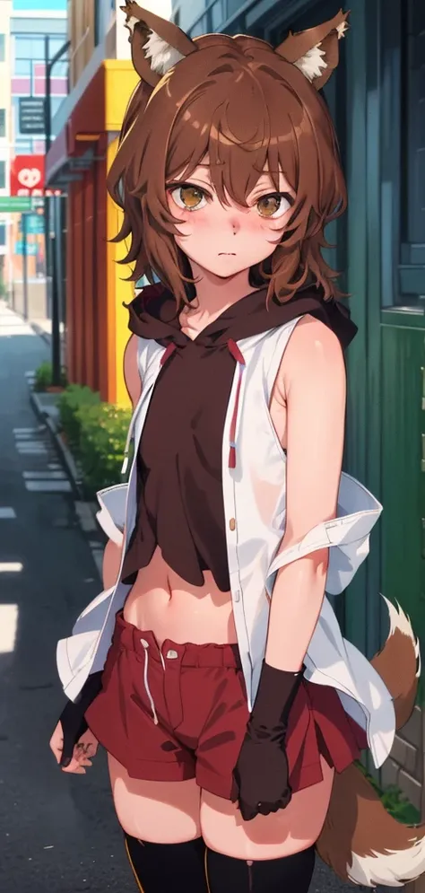 anime coloring,anime screencap,
1girl, solo, thighhighs, tail, animal ears, healthy skin, navel, brown hair, black thighhighs, blush, sleeveless, dog ears, short hair, standing straight, (((ultra-detailed eyes, 20 years old, street, brown_eyes))).( Cowboy_...