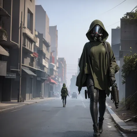 she is walking in middle of a street wearing a gas mask, abandon city with only one power nuclear plant in the distance but ther...