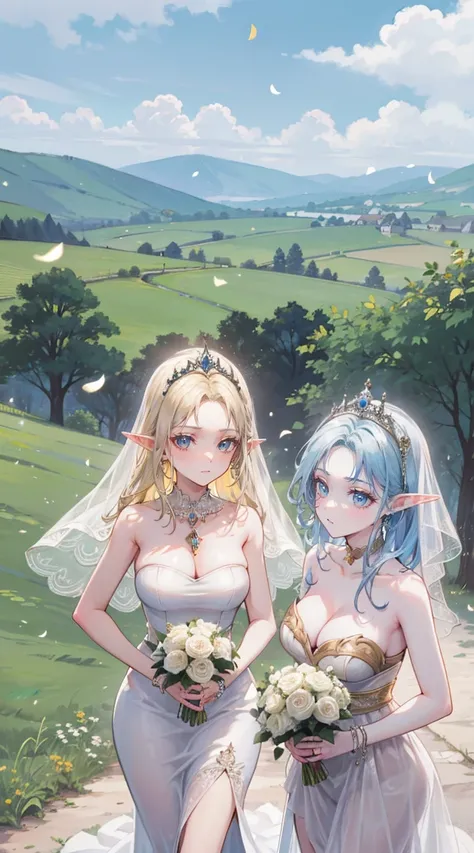 beautiful woman，Folk Girl，blonde with blue eyes，Twist，Wear a strapless wedding dress with no straps.，countryside，countryside，beautiful scenery，European Middle Ages，smile with teeth，forehead，forehead exposed，big tits，rift, (Elf Princess),(2 young women ,bea...